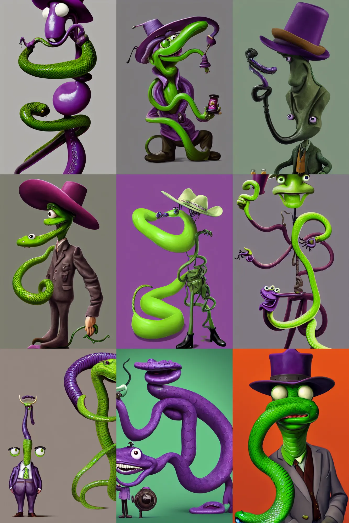 Prompt: anthropomorphic purple green cowboy snake oil salesman, character design by Disney and Pixar, composition by Henri Cartier Bresson, sculpted in zbrush, minimal, Drosera capensis, dystopian, big eyes with eyelashes and twirly moustache, piston pumps of oil rig with bull horns, extremely detailed, digital painting, artstation, concept art, sharp focus, illustration, chiaroscuro lighting, golden ratio, rule of thirds, fibonacci