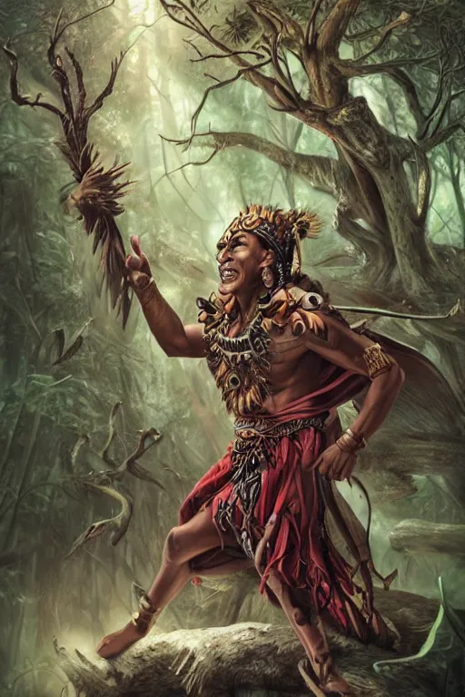 Prompt: an aztec sorcerer casting a powerful spell in a dark forest, by artgerm, ultra hd, hd, 4 k, highly detailed, small details,