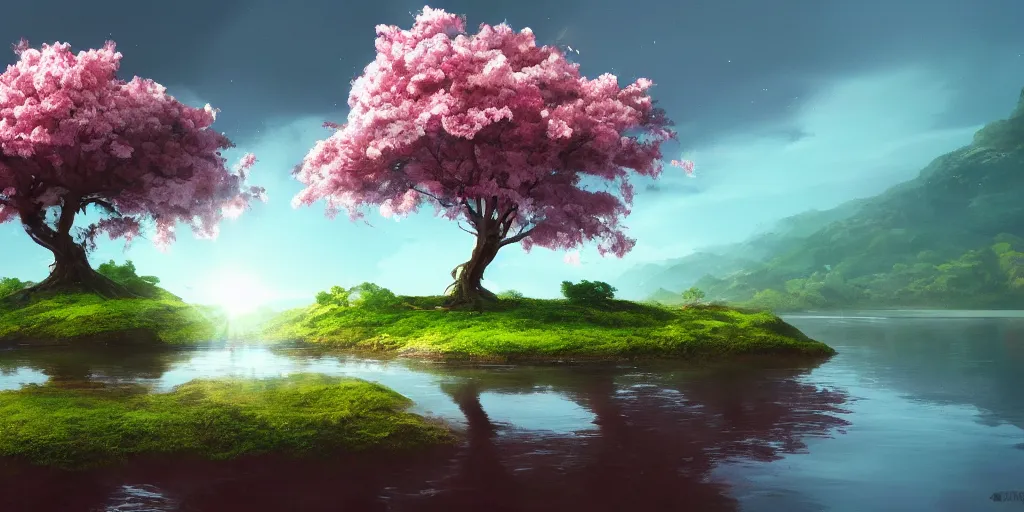 Image similar to a single sakura tree growing upon an island in a lake, illustration, light beams, digital art, oil painting, fantasy, 8 k, trending on artstation, detailed