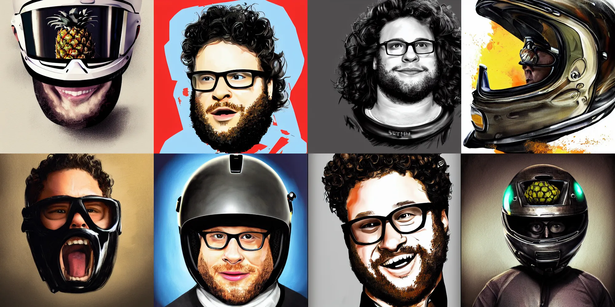 Prompt: seth aaron rogen in black moto helmet, pineapple express, funny, portrait, digital paint, hyper realistic,