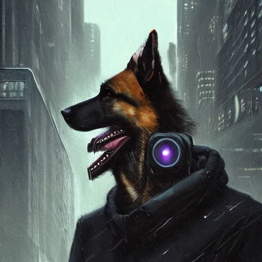 Image similar to new york city portrait of furry anthro anthropomorphic german shepard head animal person fursona wearing clothes strange cybernetic augmentations cyber muzzle gloomy rainy cyberpunk digital art by Greg Rutkowski, Simon Stalenhag, trending on Artstation, CGSociety