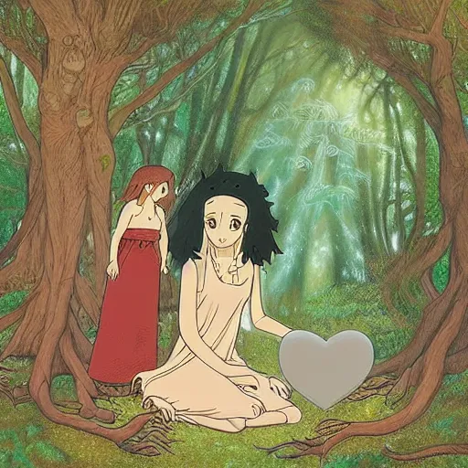 Image similar to “portrait of the goddess of love and her daughter making a ritual sacrifice in a magical forest, ghibli, detailed, sharp focus, digital art, detailed face”