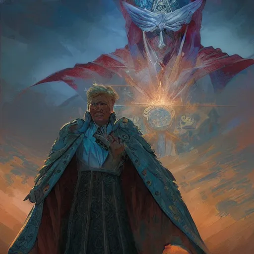 Image similar to god emperor donald trump in the style of craig mullins, greg rutkowski, peter mohrbacher, and drew struzan. epic, majestic, awe inspiring, god rays, fissures, divine, church painting, intricate armor, extreme detail, high octane,