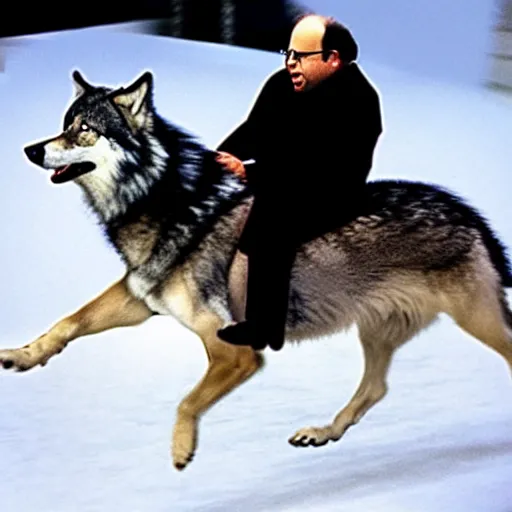 Image similar to George Costanza (from Seinfeld) riding a wolf