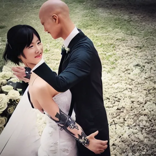 Image similar to saitama one punch man instagram couple's wedding photo shoot, closeup photo