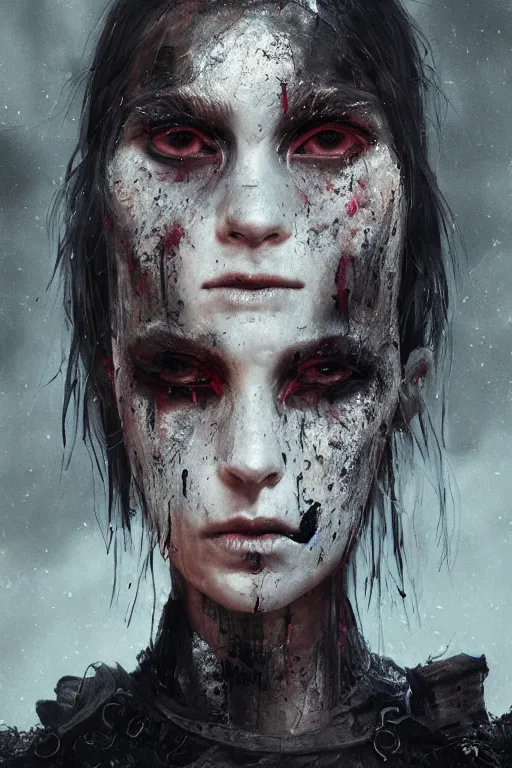 Image similar to A portrait of a monstrous women cuts all over her face by Greg Rutkowski, Sung Choi, Mitchell Mohrhauser, Maciej Kuciara, Johnson Ting, Maxim Verehin, Peter Konig, Bloodborne, 8k photorealistic, cinematic lighting, HD, high details, dramatic, dark atmosphere, trending on artstation