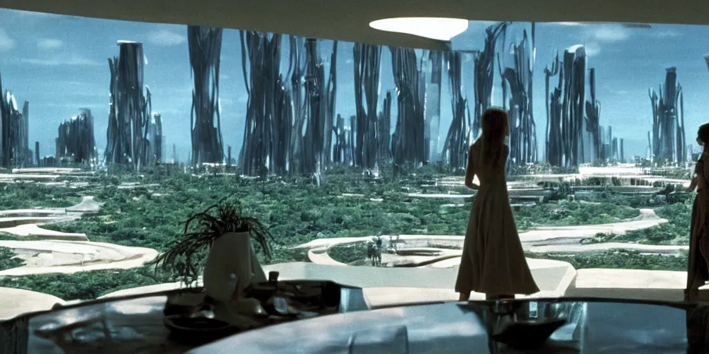 Prompt: a luxury apartment with large windows, 1 9 8 0 s science fiction, windows overlooking a lush arid mushroom jungle landscape, sci - fi film still, screenshot from a science fiction movie, ridley scott,
