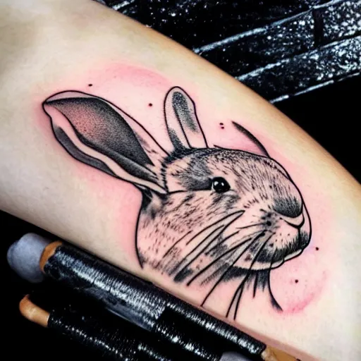 Prompt: a tattoo sketch of a rabbit eating a donut