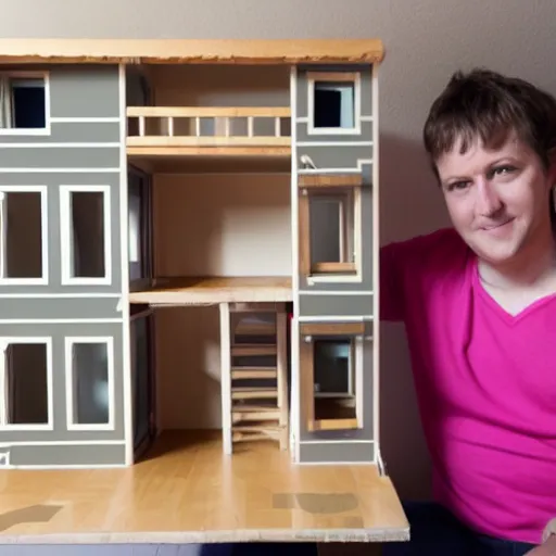 Image similar to A very tall, very strong man sitting on top of a doll house