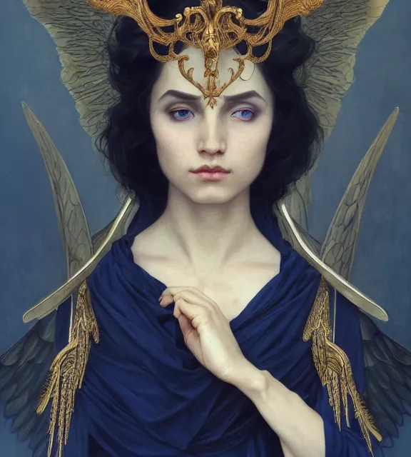 Prompt: portrait of a god of death, young male, in the underworld, elegant dark blue dress, very detailed, throne, very intricate details, jewelry, gold eyeshadow, elaborate long black hairstyle, wings, cinematic, artstation, william bouguereau, alphonse mucha, greg rutkowski, rossdraws, octane render