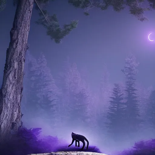 Image similar to a purple panther roaring at the moon in a forest during the night, large moon in the center. trending on artstation. cinematic. photoreal. dark colors. night.