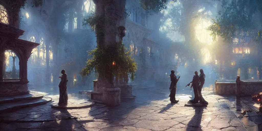 Prompt: screenshot from romeo and juliet, fps, unreal engine, first person weapon, raytracing, thomas kinkade, by craig mullins, james gurney, greg rutkowski, sparth, mucha, cinematography, cinematic masterpiece