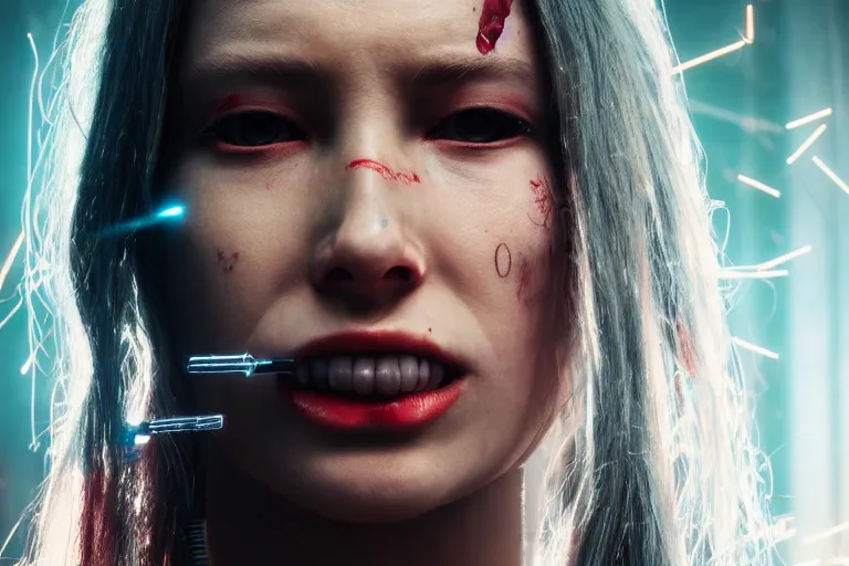 Image similar to Cyborg ​​girl transforming face fangs, syringes, forest, fog, volumetric light, cinematic, style by Cyberpunk 2077