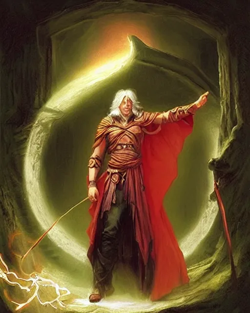 Image similar to A wild magic sorcerer. He is wearing a cloak with glowing runes on it and a crown. He is frowning seriously. He is preparing to cast a spell to banish the old gods. He is standing in spell circle. Award winning realistic oil painting by Thomas Cole and Wayne Barlowe