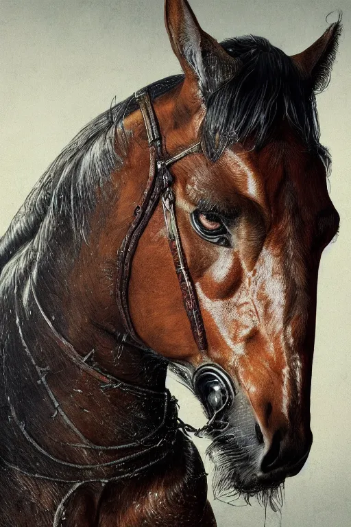Image similar to 3 quarter view photography portrait of a prince stalion horse , organed, tatooed, intricate details, muscles, elegant, divine, illustrated by greg rutkowski and Akira Saito and Peter mohrbacher, 4k,