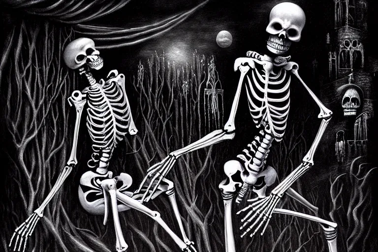 Image similar to highly detailed fine painting Macabre Dancing skeletons eerie moonlit under water under water scene fantasy digital art by H.R. Giger deviantart