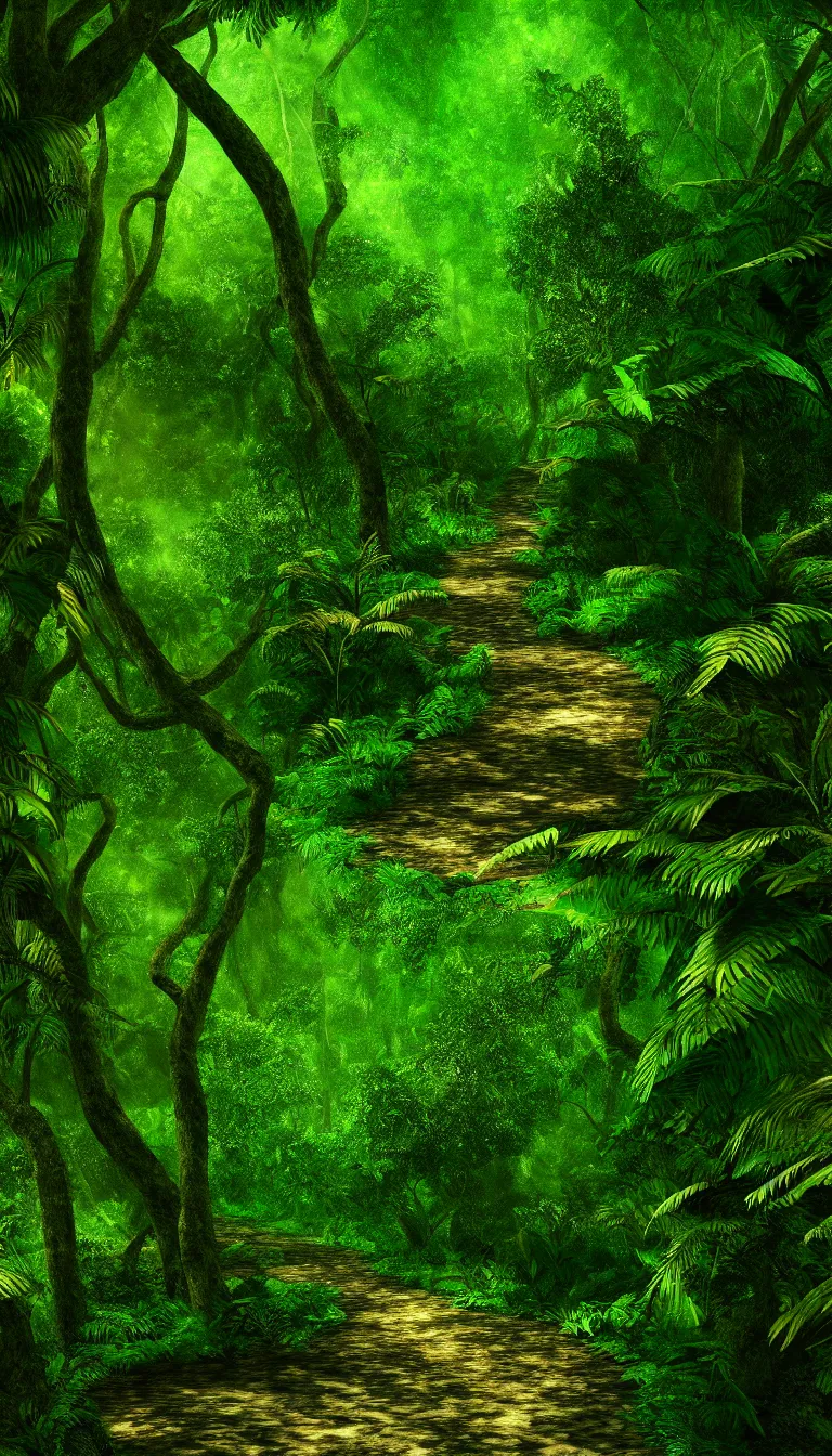 Prompt: highly detailed photo of a path leading through trees of dense jungle, hyper realistic, concept art, 8 k detail post - processing