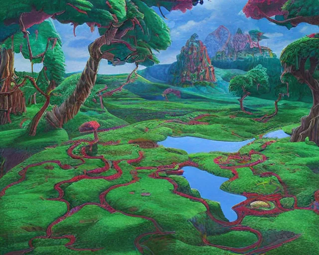 Image similar to Candyland, landscape, highly detailed, painting, in the style of Ted Nasmith