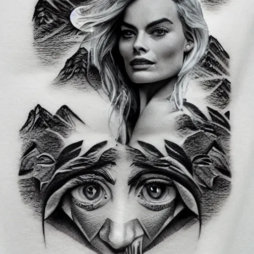 Image similar to face morph tattoo design of margot robbie with beautiful mountain scenery, in the style of arlo dicristina, amazing detail