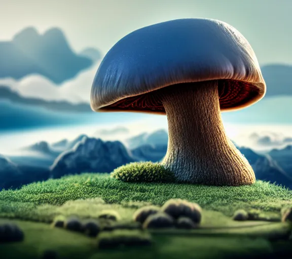 Image similar to a giant mushroom that stretches above the clouds with an upside down city built inside it's cap. highly detailed 8 k. intricate. lifelike. soft light. nikon d 8 5 0. cinematic post - processing