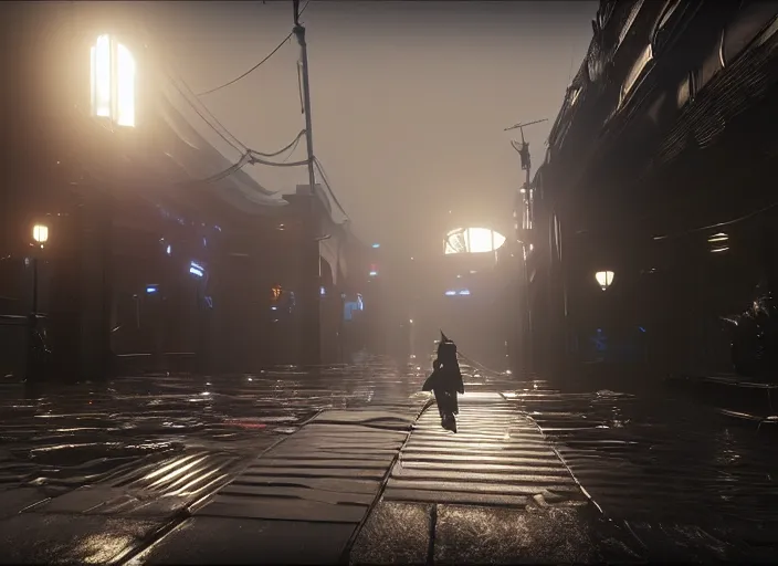 Image similar to 4k 60fps in-game destiny 2 gameplay showcase dark, misty, foggy, flooded rainy tokyo japan street in Destiny 2, liminal creepy, dark, dystopian, abandoned, highly detailed