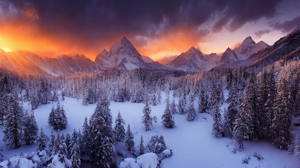 Prompt: amazing snowy landscape photo of mountains with lake in sunset by marc adamus, beautiful dramatic lighting