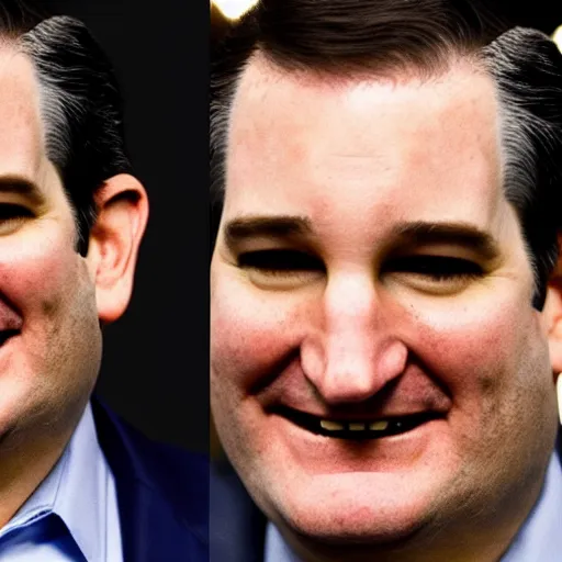 Image similar to Ted Cruz with a wide grin looking up directly at the camera, black and white, creepy lighting, scary, horror, ornate, eerie, fear