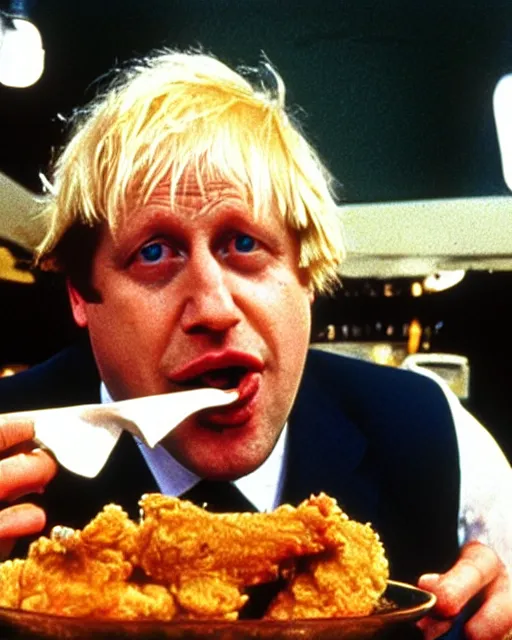 Image similar to film still close - up shot of boris johnson eating fried chicken from the movie monty python's the meaning of life. photographic, photography