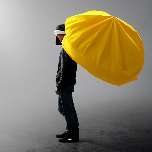 Image similar to photo studio with foggy background. yellow tent on floor. fisherman in balenciaga cloth, plastic bag and black mask. photorealistic high resolution, redshift render, 8 k