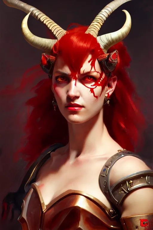 Image similar to painted close - up portrait of a attractive red - skinned intimidating demon cyborg girl with ram horns! oil painting, wearing a noblewoman's outfit, fantasy art by john singer sargent and gaston bussiere and james jean and greg rutkowski, demon noble character design, hd