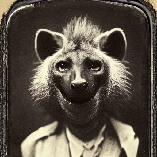 Prompt: professional studio photo portrait of anthro anthropomorphic spotted hyena head animal person fursona wearing clothes by Louis Daguerre daguerreotype