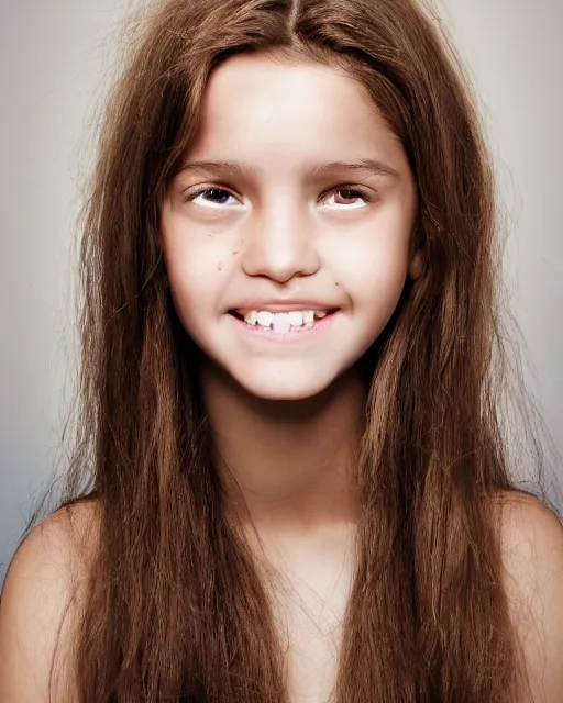 Prompt: photo portrait 1 5 - year old girl with lush brown hair, hermione, large front teeth, and bright piercing brown eyes, hyper realistic face, beautiful eyes, by mario testino