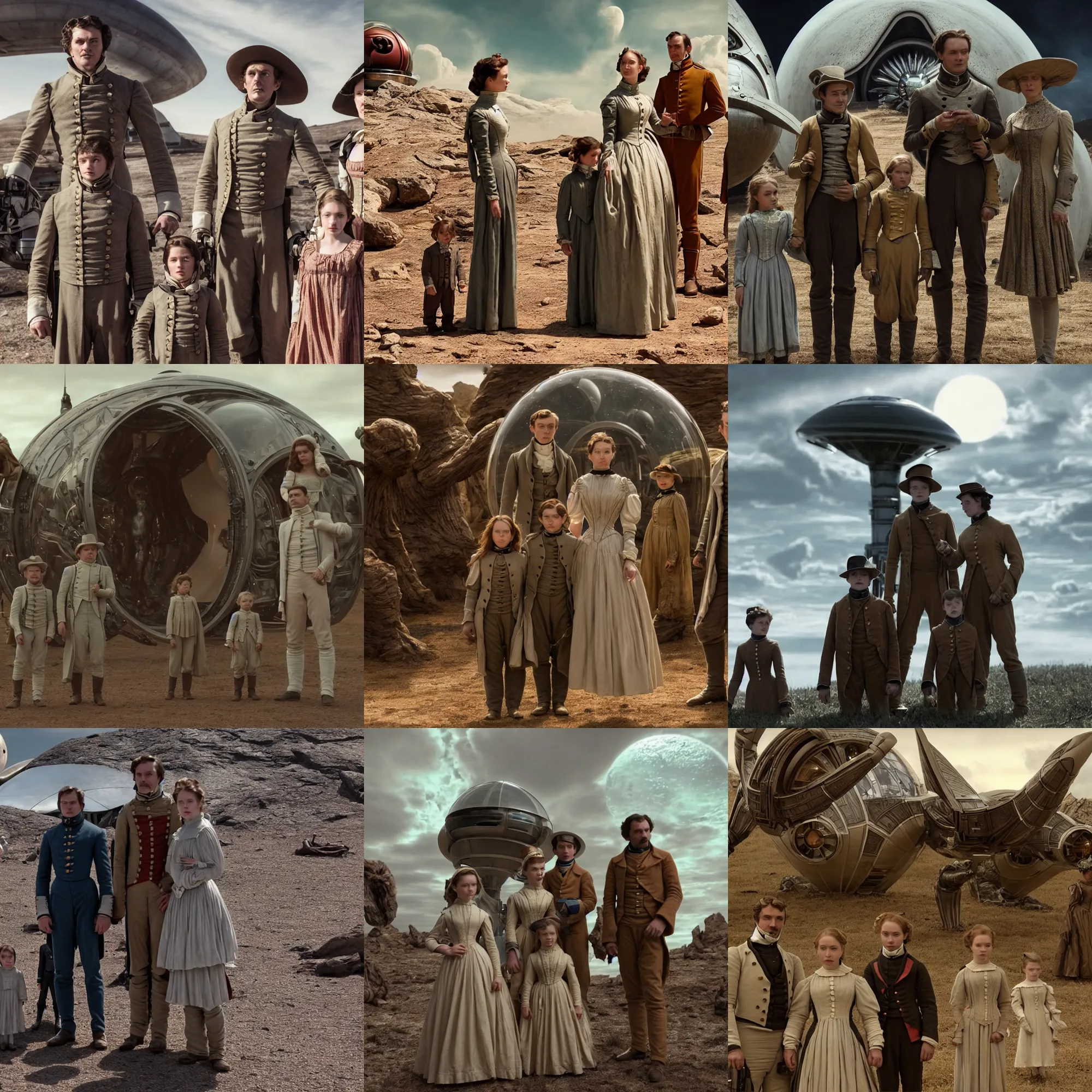 Prompt: sharp, highly detailed, film from a 2 0 1 9 sci fi 1 6 k movie, set in 1 8 5 0, a family standing in front of their spaceship that has just landed on an alien planet, wearing 1 8 5 0 s clothes, good lighting, in focus, reflective eyes, 3 5 mm macro lens, live action, nice composition