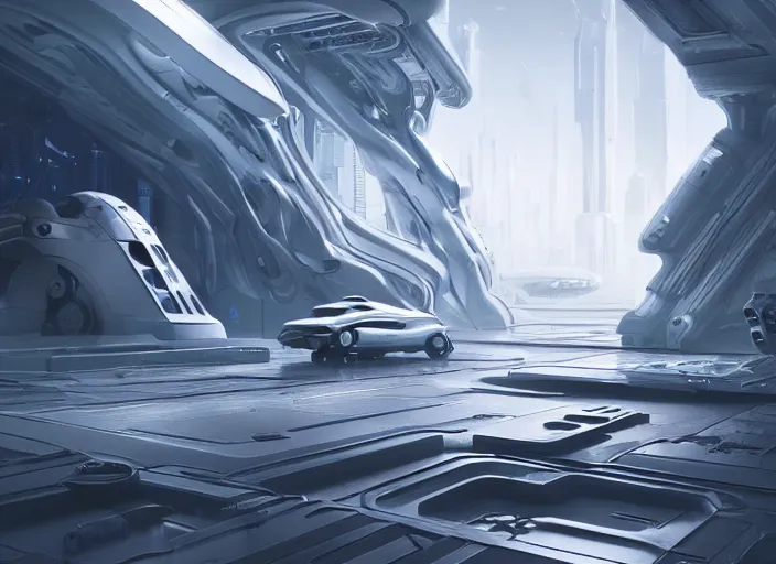 Image similar to cult of technology, exterior, scifi, machines, robots, ultra realistic, transparent labs, metallic surface, highly detailed, white, futuristic landscape, city, utopian architecture, atmosphere, masterpiece, portals, epic lighting, glow, mysterious, 4 k, cinematic, art by patryk olkiewicz and chris ostrowski and liang yao