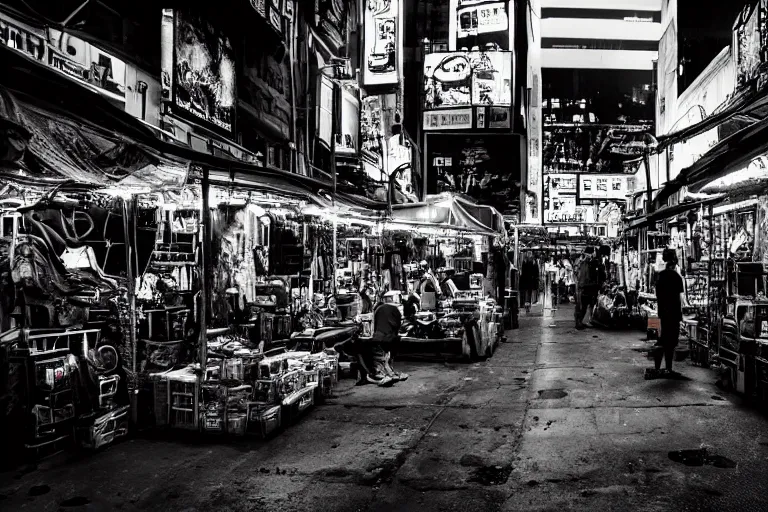 Image similar to an award winning photograph of a cyberpunk market by Liam wong and Lee Friedlander, masterpiece, wide angle, dof