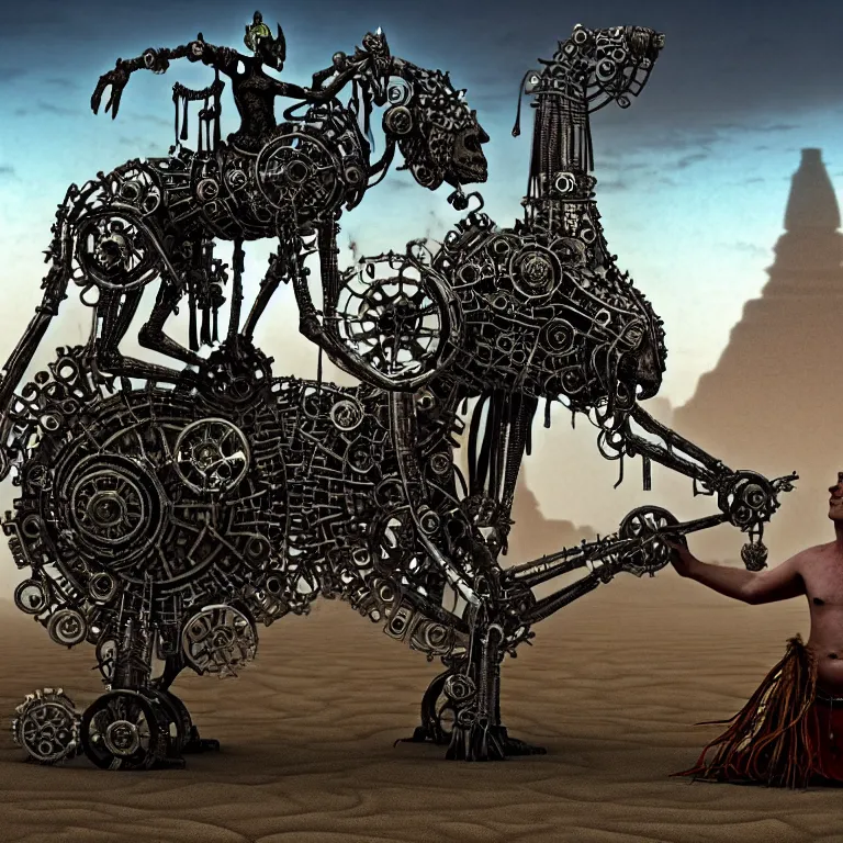 Prompt: A techno-magical shaman performs a ritual to resurrect a mechanical horse. The steel ancient ruins are covered with sand. masterpiece, fantasy art, future, cinematic, hyperdetailed, photorealistic, sigil, hyperrealism, octane rendering, 8k, depth of field, bokeh, shadows, art by Zdzisław Beksiński, Arthur Rackham, Dariusz Zawadzki