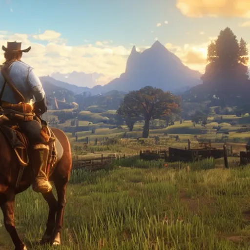 Prompt: A still of Arthur Morgan from Red Dead Redemption 2 in The Legend of Zelda: Breath of the Wild