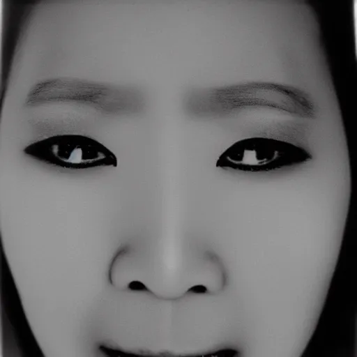 Image similar to photo of Anita Mui by Diane Arbus, extreme closeup, black and white, high contrast, Rolleiflex, 55mm f/4 lens