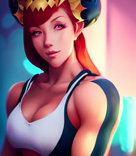 Image similar to beautiful portrait of a gorgeous personal trainer who looks like Bowsette , character design by charlie bowater, ross tran, artgerm, and makoto shinkai, detailed, soft lighting, rendered in octane