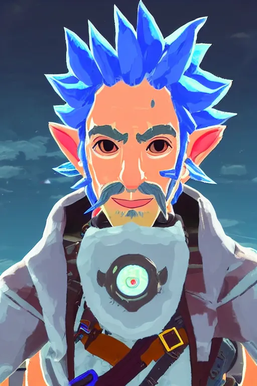 Prompt: an in game portrait of rick sanchez from the legend of zelda breath of the wild, breath of the wild art style.