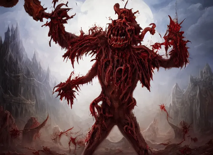 Image similar to a macabre demon casts a gruesome enchantment across a land of fertility and wealth, diminishing the land's value and robustness, trending on artstation, digital art, award winning