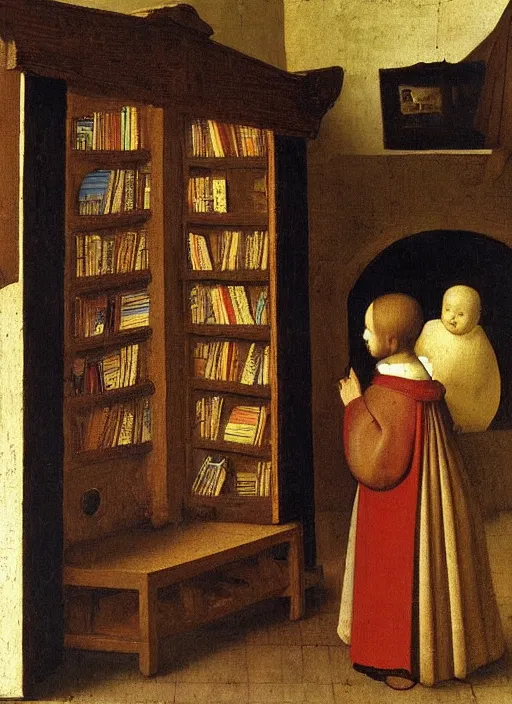 Image similar to bookshelf with books and children toys, medieval painting by jan van eyck, johannes vermeer, florence