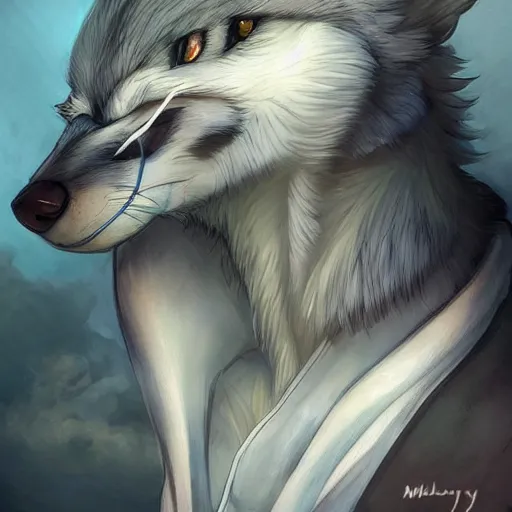 Prompt: aesthetic portrait commission of Legoshi the wolf Beastars, by Mihaly Munkacsy with a tail and a beautiful attractive hyperdetailed face wearing stylish and creative wearing simple feminine white silky robe outfit in a sci-fi utopian city looking up at a beautiful blue cloudy sky, Hopeful atmosphere. Character design by charlie bowater, ross tran, artgerm, and makoto shinkai, detailed, inked, western comic book art, 2021 award winning film poster painting