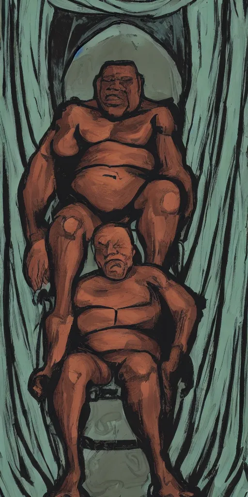 Image similar to style of frank miller, anatomically correct portrait of big black man sitting on throne, background made of big curtains