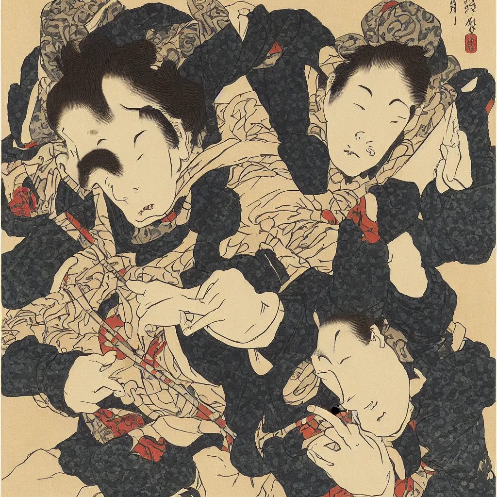 Prompt: i, a man wearing headphone and playing his iphone, by hokusai
