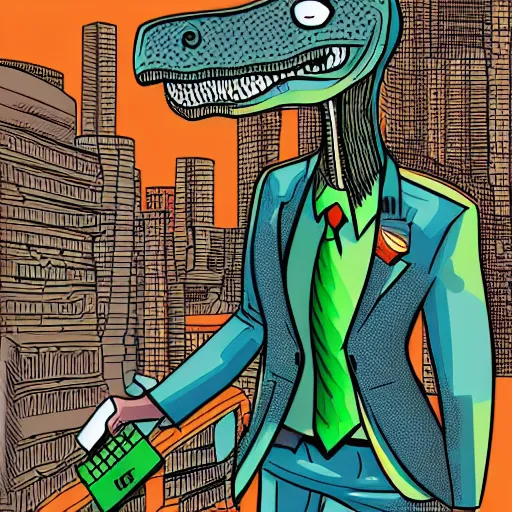 Image similar to detailed intricate colour illustration of a dinosaur wearing a business suit, comic art, cyberpunk