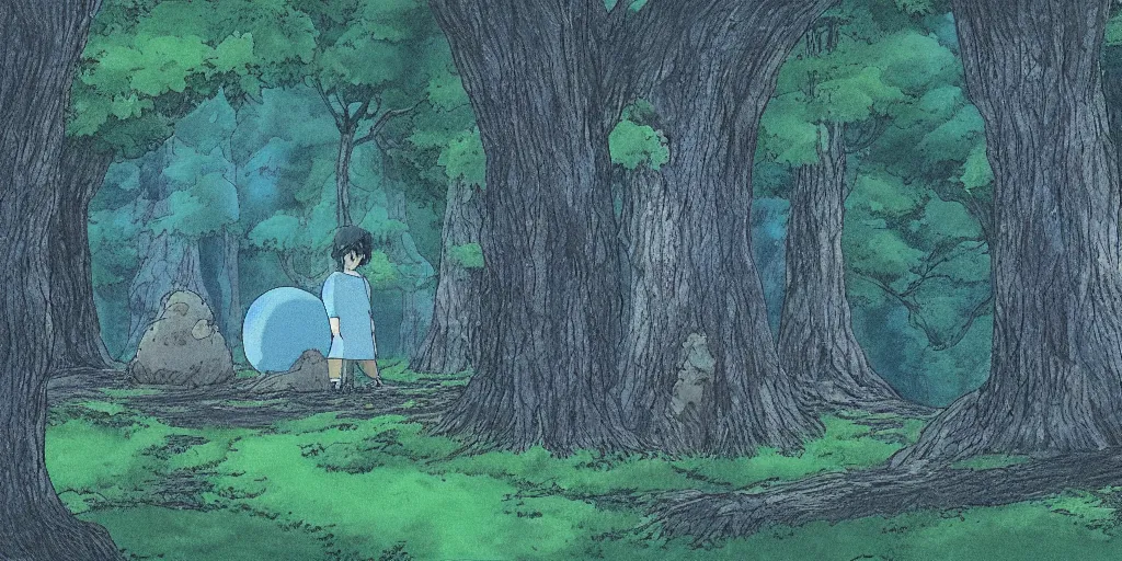 Prompt: award - winning movie still, landscape, dark forest, stone circle, by studio ghibli,