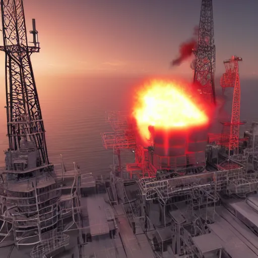 Image similar to oil platform, huge explosion with, vray, pathtracing