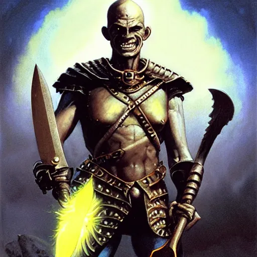 Image similar to ( ( ( quarter length portrait of a gaunt noseless yellow - skinned bald githyanki warrior in a breastplate, wielding a magical silver greatsword ) ) ), greg rutkowski, frank frazetta, alexandre chaudret, boris vallejo, michael whelan, miro petrov, magali villeneuve, donato giancola, d & d