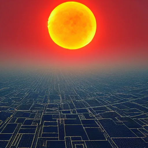 Image similar to an endless city. birds # # a red sun solar eclipse on the horizon., it goes in forever, dreamscape masterpiece., highly detailed.. 8 k.